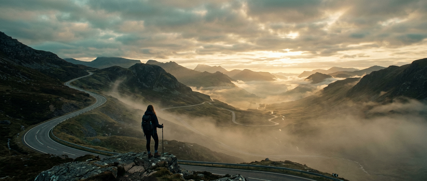 A winding road through misty mountains at dawn